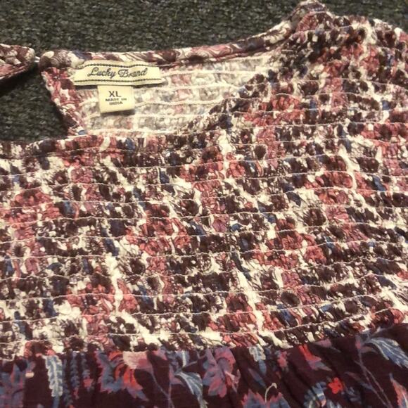 Lucky Brand Women's XL Purple Red Blue Floral Smocked Top Boho Peasant - Picture 2 of 6